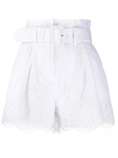 Self-portrait High-rise Belted Lace-overlay Shorts In White