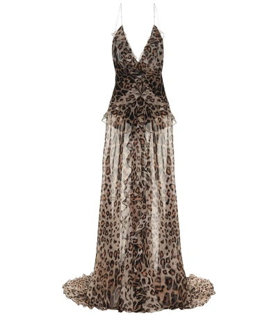 Etro Leopard Sheer Silk Georgette Long Dress In Beige