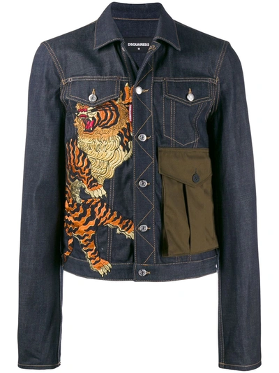 Dsquared2 Tiger Embroidery Cotton Denim Jacket In Blue