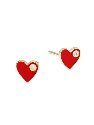 Jennifer Zeuner Jewelry Enamel & Diamond Heart Stud Earrings In Gold