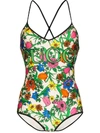 Gucci Floral Print Logo Swimsuit In Green