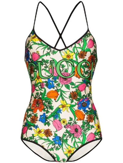 Gucci Floral Print Logo Swimsuit In Green