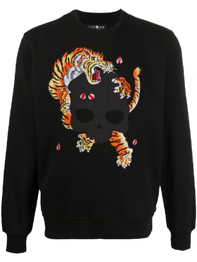 Hydrogen Tiger Embroidered Crew Neck Sweatshirt In Black