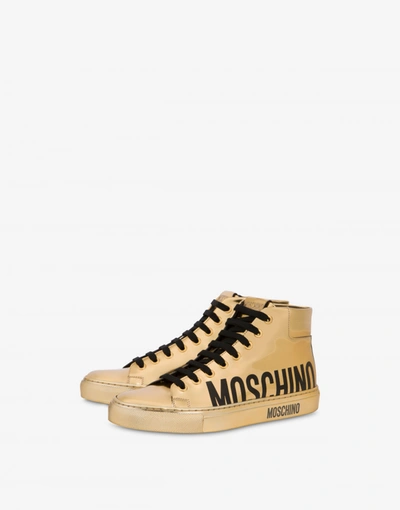 Moschino Laminated Leather High Sneakers In Light Gold