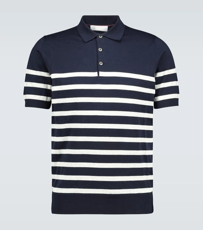 Brunello Cucinelli Striped Cotton Polo Shirt In Blue