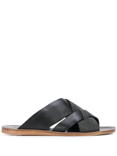 Brunello Cucinelli Low Sandals Precious Crossover Sandals In Embossed Calfskin And Monili In Black+ultrablack+monile