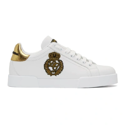 Dolce & Gabbana Dolce And Gabbana White And Gold Crest Portofino Sneakers