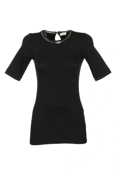 Brunello Cucinelli Short Sleeve T-shirt Stretch Cotton Ribbed Jersey T-shirt With Shiny Tulle Insert In Black