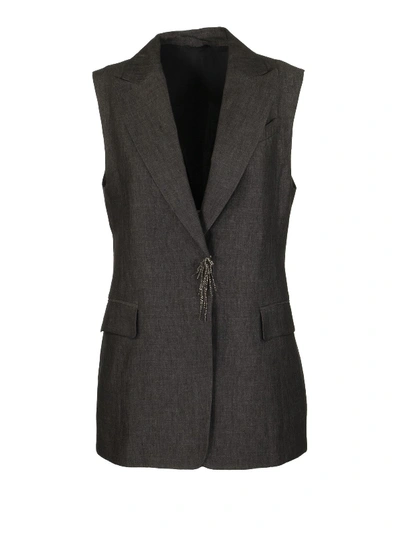 Brunello Cucinelli Vest Lightweight Délavé Linen Vest With Precious Pin In Dark Grey