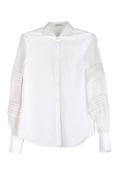 Brunello Cucinelli Shirt Stretch Cotton Poplin Shirt With Shiny Pleated Sleeve In White