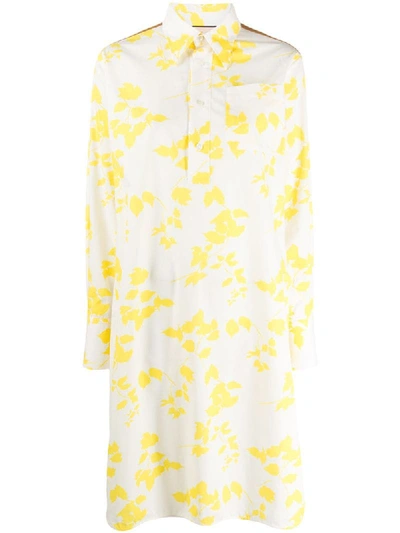 Plan C Long-sleeve Collared Dress In Yellow/white