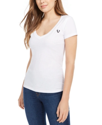 True Religion Women's Double Puff Rounded V Neck Tee In White