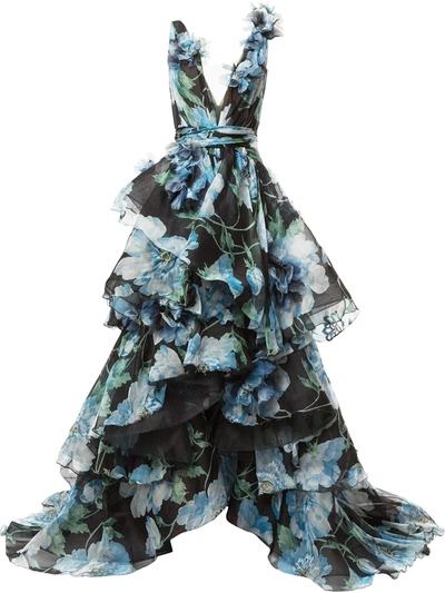 Marchesa Printed And Embroidered Silk Organza High Low Ball Gown In Blue Peony