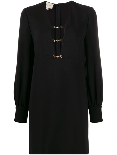 Gucci Interlocking-g Horsebit Long Sleeve Compact Stretch Jersey Minidress In Black