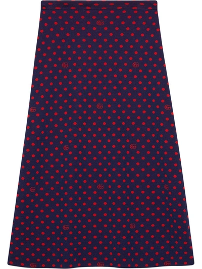 Gucci Polka Dot & Double G Logo Wool Blend Skirt In Blue/ Orange