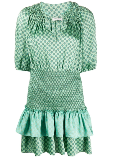 sandro short printed dress with ruffles Sandro Short Mixed Print Dress With Smocking In Green
