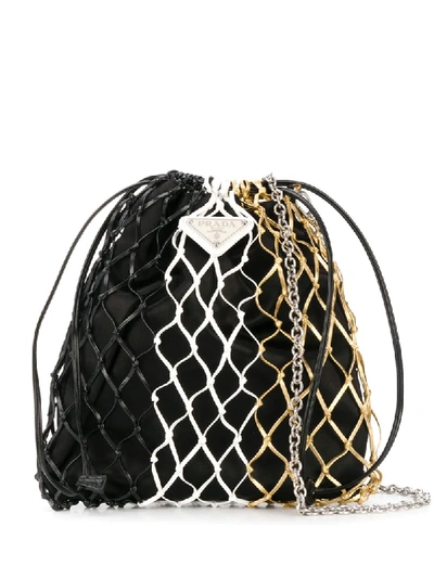 Prada Logo Plaque Net Bucket Bag In Black