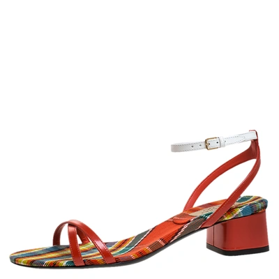 Pre-owned Burberry Red/white Leather Printed Anthea Ankle Strap Sandals Size 38