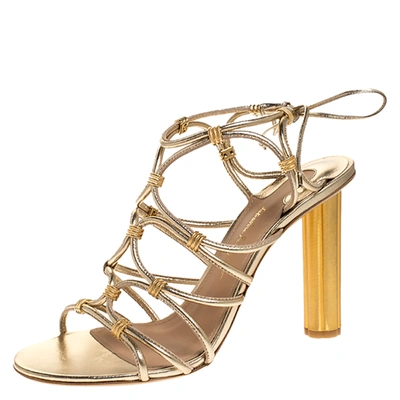 Pre-owned Ferragamo Gold Leather Fiuggi Column Heel Ankle Tie Sandals Size 38.5