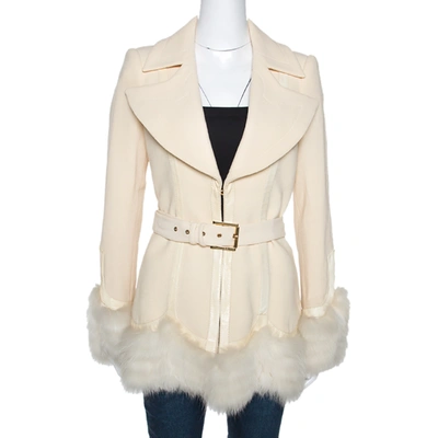 Pre-owned Roberto Cavalli Cream Wool Fox Fur Trim Belted Jacket M