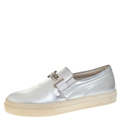 Pre-owned Tod's Silver Leather Sportivo Maxi Crystal Double T Slip On Sneakers Size 37