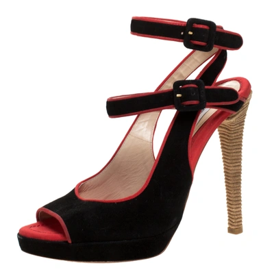 Pre-owned Boutique Moschino Black/red Suede And Grosgrain Trim Platform Ankle Strap Sandals Size 37
