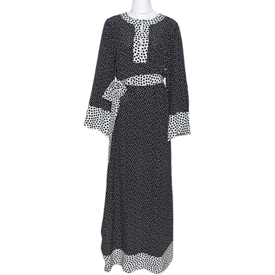 Pre-owned Dolce & Gabbana Monochrome Polka Dot Silk Belted Maxi Dress L In Black