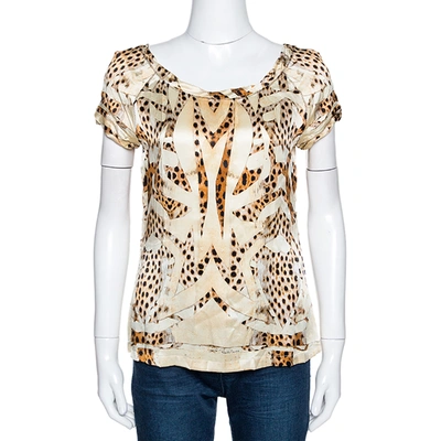 Pre-owned Roberto Cavalli Cream And Beige Silk Leopard Print Short Sleeve Top S