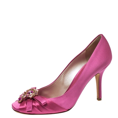 Pre-owned Dior Pink Satin Crystal Embellished Bow Square Toe Pumps Size 38