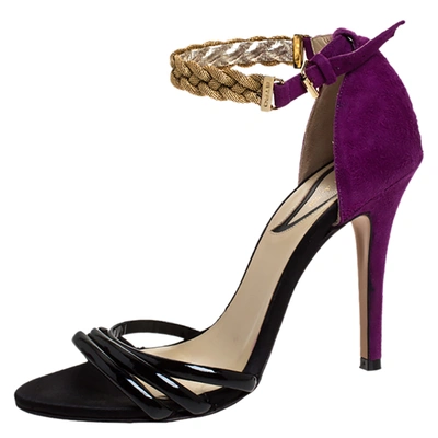 Pre-owned Etro Black/purple Patent And Suede Chain Embellished Ankle Strap Sandals Size 36