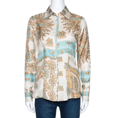 Pre-owned Etro Cream And Teal Paisley Print Silk Long Sleeve Shirt S