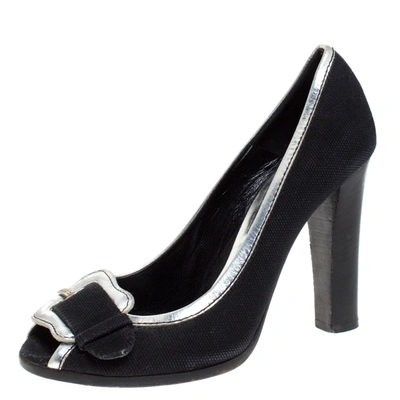 Pre-owned Fendi Black/silver Canvas And Leather Trim B Buckle Peep Toe Pumps Size 38