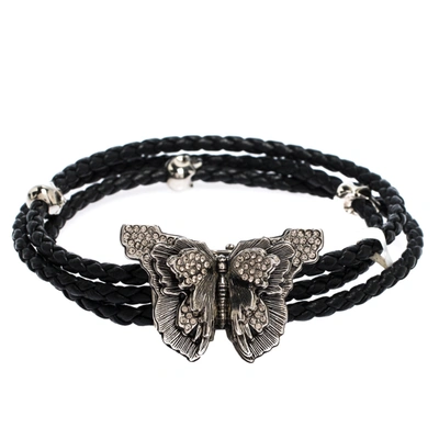 Pre-owned Alexander Mcqueen Crystal Butterfly Charm Black Braided Leather Layered Bracelet