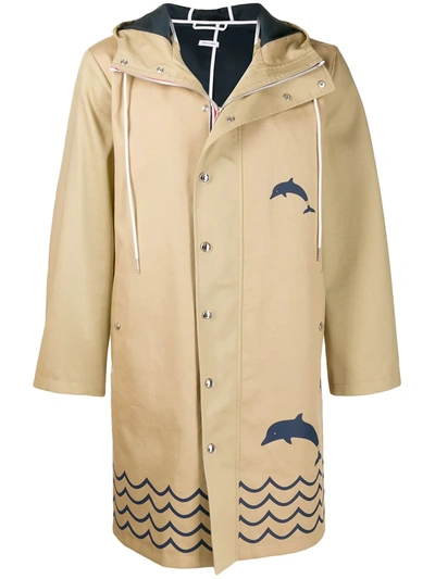 Thom Browne Jumping Dolphins Embroidery Hooded Parka In Neutrals