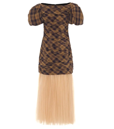 Khaite Shelly Layered Checked Crinkled-twill And Pleated Tulle Midi Dress In Brown