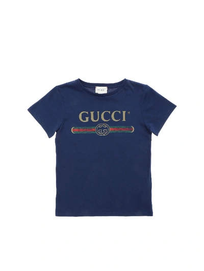 Gucci Kids' Blue T-shirt With Contrasting Logo Print