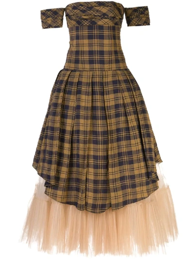 Khaite Off The Shoulder Checked Print Dress In Brown