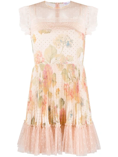 Red Valentino Floral Pleated Dress In Pink