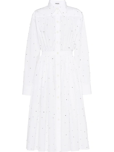 Miu Miu Crystal Embellished Shirt Dress In White