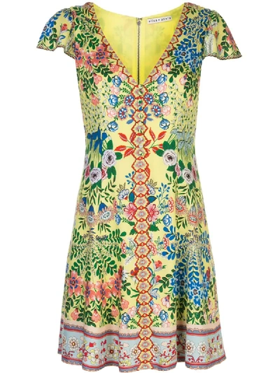 Alice And Olivia Puffed Sleeve Floral Pattern Dress In Yellow