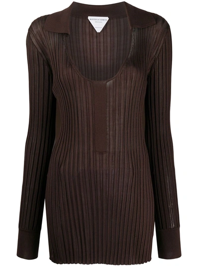 Bottega Veneta Rib-knit Open Collar Top In Brown