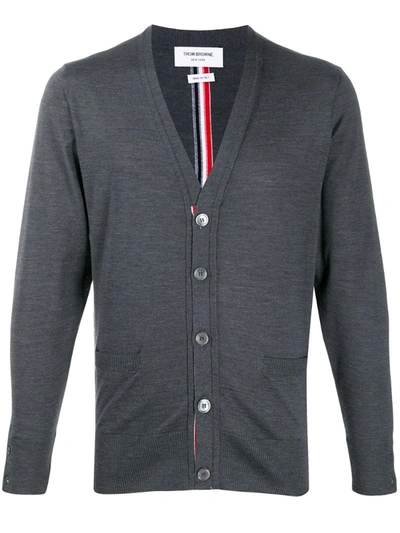 Thom Browne V-neck Tricolour-stripe Wool Cardigan In Grey