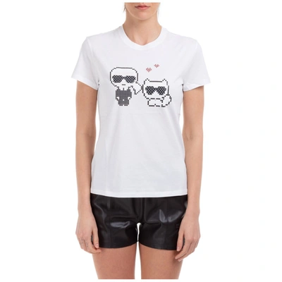 Karl Lagerfeld Women's T-shirt Short Sleeve Crew Neck Round Choupette Karl Pixel In White