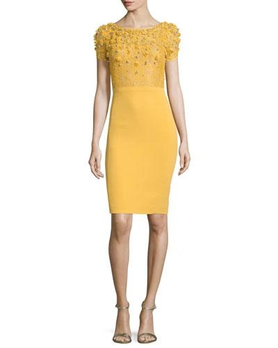 Jenny Packham Short-sleeve Embroidered-bodice Sheath Dress, Honeybee
