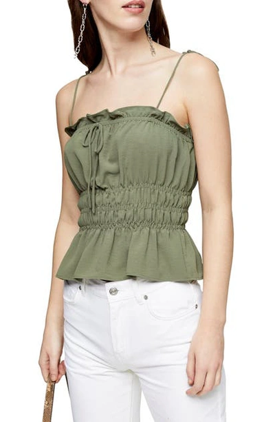 Topshop Shirred Peplum Camisole In Olive