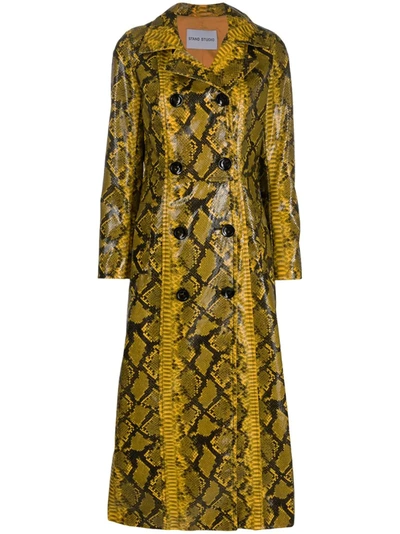 Stand Studio Sasha Snake-effect Faux Patent-leather Trench Coat In Yellow,black