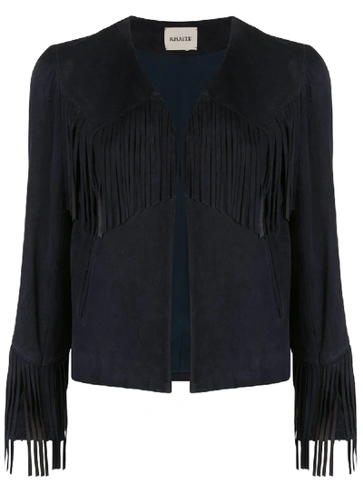 Khaite Gracie Cropped Fringed Suede Jacket In Navy