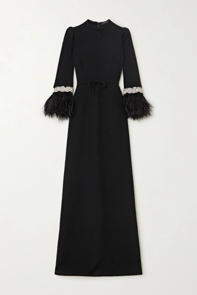 Andrew Gn Feather-trimmed Crystal-embellished Crepe Gown In Black