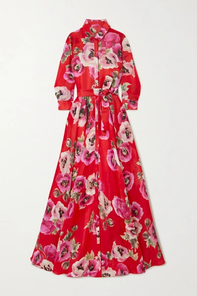 Carolina Herrera Belted Floral-print Silk-organza Gown In Red