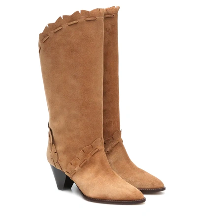 Isabel Marant Leesta Scalloped Topstitched Suede Boots In Nude & Neutrals